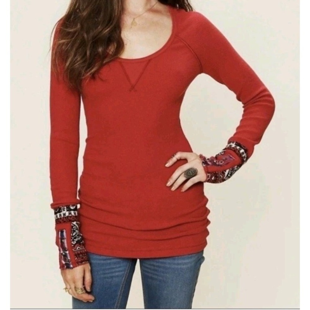 We The Free People Deep Red Thermal Knit Top Womens Size S Y2K 90s Boho